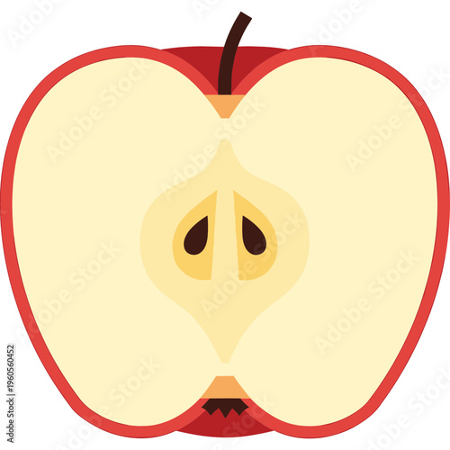 A cut open red apple reveals seeds and flesh inside.