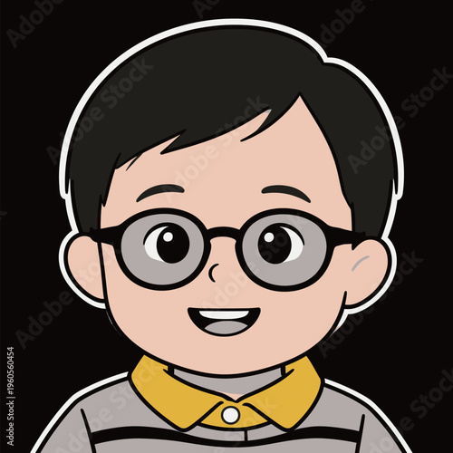 Boy with glasses and short black hair smiles while wearing a gray shirt with a yellow collar against a black background