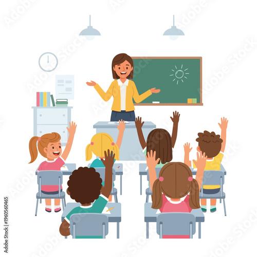 Teacher instructing diverse students raising hands in classroom, learning concept