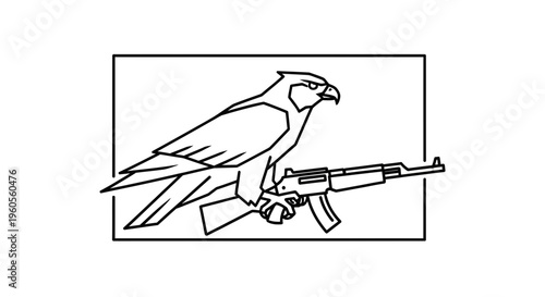 Aggressive Hawk Bird Holding Assault Rifle Weapon, Symbol of Power and Danger