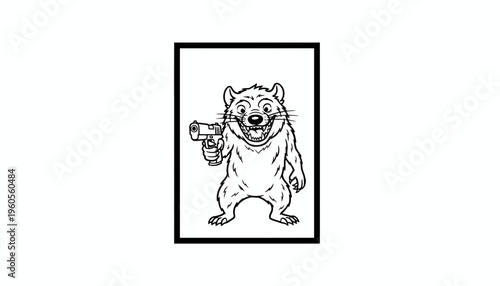 Aggressive Raccoon Character with Handgun, Cartoon Style
