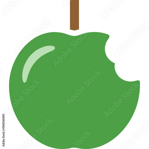 A green apple hangs from a brown stem with a bite taken out.