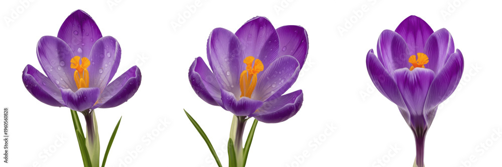 Fototapeta premium Purple Crocus Vernus Blossoms Set Isolated on White - High-Resolution Spring Saffron Flower Photography for Seasonal Greetings, Botanical Art, Garden Decor, and Floral Backgrounds