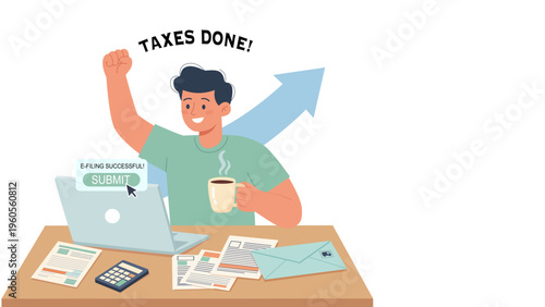Tax Day Success Illustration – Happy Man Filing Taxes Online with Laptop and Coffee, E-Filing Submission Approved