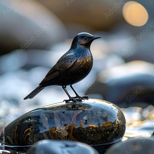 Small bird perched on a smooth river rock with a soft, out-of-focus light source in the background, creating a serene natural scene.