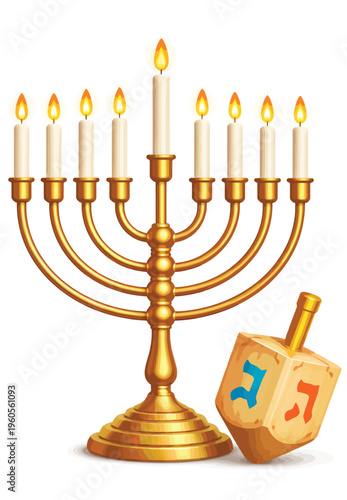 Φωτογραφία 076-03-Golden menorah with lit candles and a wooden dreidel for hanukkah celebra