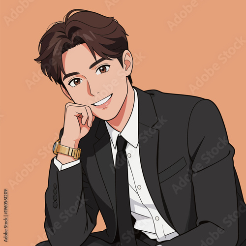 Young man in a suit smiling while resting his chin on his hand against a plain background