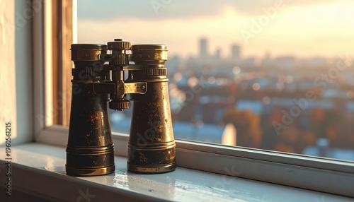 Vintage Binoculars on a Windowsill Overlooking a Cityscape at Sunset.
