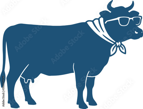 blue cow wearing sunglasses and neckerchief standing still