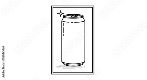 Minimalist line art illustration of a refreshing beverage can with sparkle accent clean design for