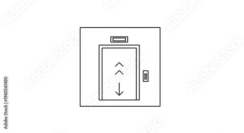 Minimalist line art illustration of an elevator entrance with directional arrows and call buttons