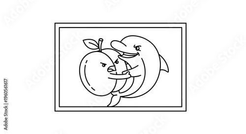 Whimsical line art illustration of a smiling dolphin affectionately embracing a grumpy apple