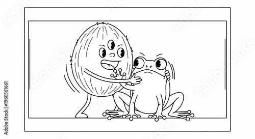 Whimsical cartoon illustration of a friendly three-eyed coconut character interacting with a