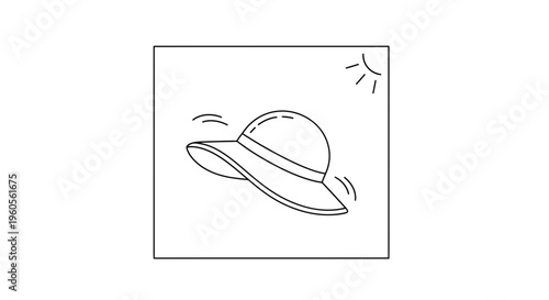 Minimalist line art illustration of a classic wide-brimmed sun hat enjoying a bright sunny day