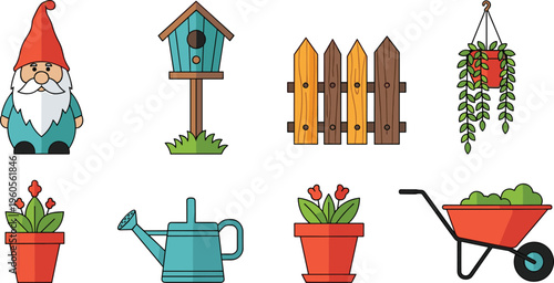 Garden and Backyard Icon Set Featuring Gnome, Birdhouse, Fence, Hanging Plant, Watering Can and Wheelbarrow Isolated on White Background for Outdoor Design Projects