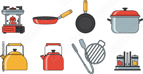 Cooking and Kitchen Equipment Icon Set Featuring Stove, Frying Pan, Pot, Kettle, Grill and Utensils Isolated on White Background for Culinary Design Projects