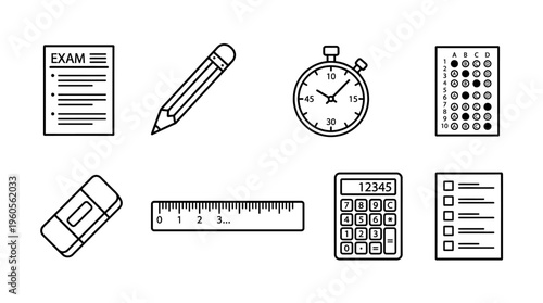 School exam tool icons: paper, pencil, clock, sheet, eraser, ruler, calculator, checklist.