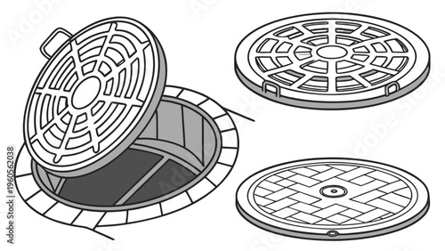 Flat vector images of different types of hatches.   Various types of manhole covers. Vector for design, architecture, urban projects, and technical documentation.