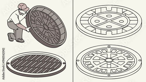 Flat vector images of different types of hatches.   Various types of manhole covers. Vector for design, architecture, urban projects, and technical documentation.