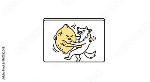 Whimsical cartoon illustration depicting a spirited struggle between a determined wolf and a