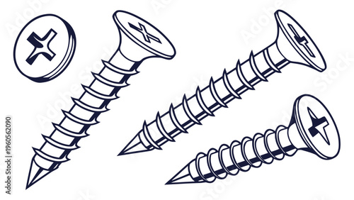 Set of flat vector illustrations of self-tapping screws. Various screw types for construction and repair. Vector icons for hardware stores, building catalogs, technical documentation.