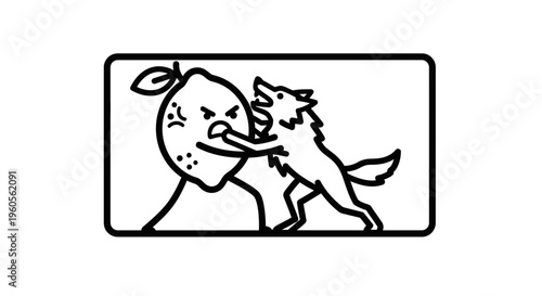 Dynamic minimalist line art depicting an enraged lemon character bravely fending off an aggressive
