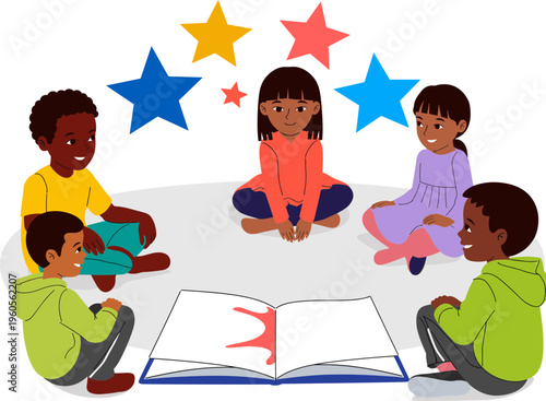 Kids Reading Together Illustration