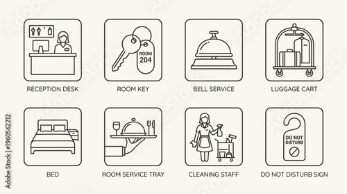 Hotel service icons: reception, key, bellhop, cart, bed, tray, cleaning, do not disturb.