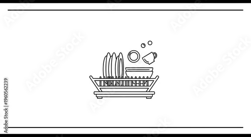 Streamlined kitchen utensil drying rack showcasing freshly washed crockery with cleansing bubbles