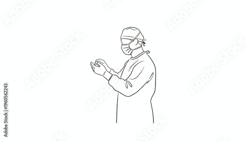 Minimalist line drawing of a healthcare worker meticulously preparing for a procedure by putting