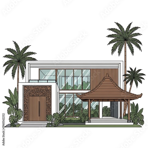 Modern tropical house with palm trees.