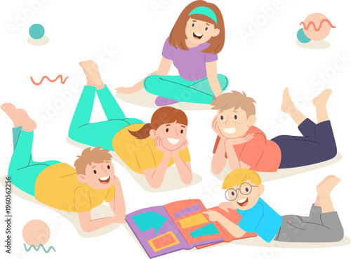 Kids Reading Together Illustration