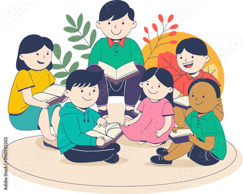 Kids Reading Together Illustration