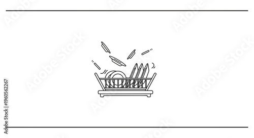 Simplified line art portraying domestic dish rack with falling kitchenware chaos