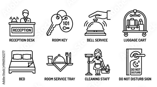 Hotel service icons: reception, key, bellhop, cart, bed, tray, cleaning, do not disturb.