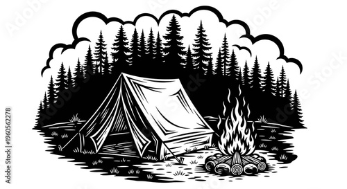 A high-contrast black and white illustration portrays an open A-frame tent and a blazing campfire nestled closely among towering pine trees beneath dramatically stylized clouds in the vast wilderness