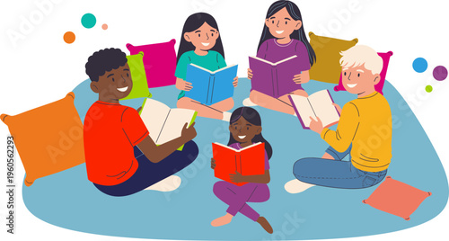 Kids Reading Together Illustration