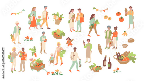 休日のフリーマーケットやマルシェなどのイベントを楽しむファミリー、カップルなどの人物＆小物の手書きイラスト素材セット 16:9 Hand-drawn illustration set featuring people and props, such as families enjoying events like farmers' markets and street markets.