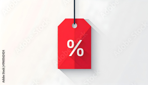 Red price tag with white percentage sign hanging on string for store discount promotion