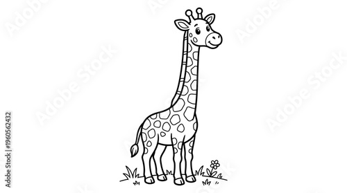 A cartoon giraffe standing alone outside.