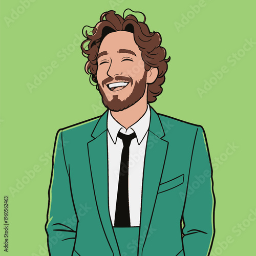 Man in green suit with curly hair and beard smiles in front of bright green background during a cheerful moment