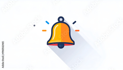 Ringing notification bell icon in modern cartoon style with long shadow effect