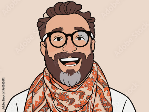 Man wearing glasses and a scarf smiles brightly with a neutral background in a simple animated style