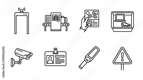 Airport security icons: detector, scanner, passport, camera, ID, wand, tray, alert sign.