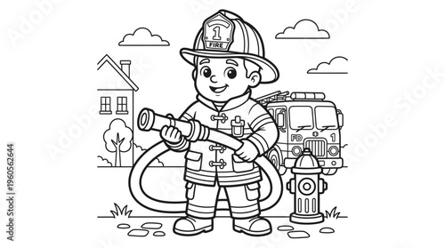 Little boy dressed as fireman smiling.