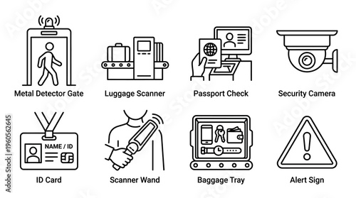 Airport security icons: detector, scanner, passport, camera, ID, wand, tray, alert sign.