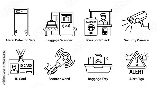 Airport security icons: detector, scanner, passport, camera, ID, wand, tray, alert sign.