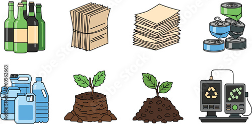 Recycling and Waste Sorting Icon Set Featuring Glass Bottles, Paper Bundles, Metal Cans, Plastic Containers and Organic Compost Isolated on White Background
