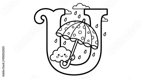 Umbrella with raindrops and cloud.