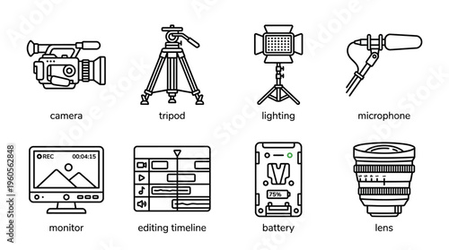 Media production icons: camera, tripod, lights, mic, monitor, timeline, battery, lens.